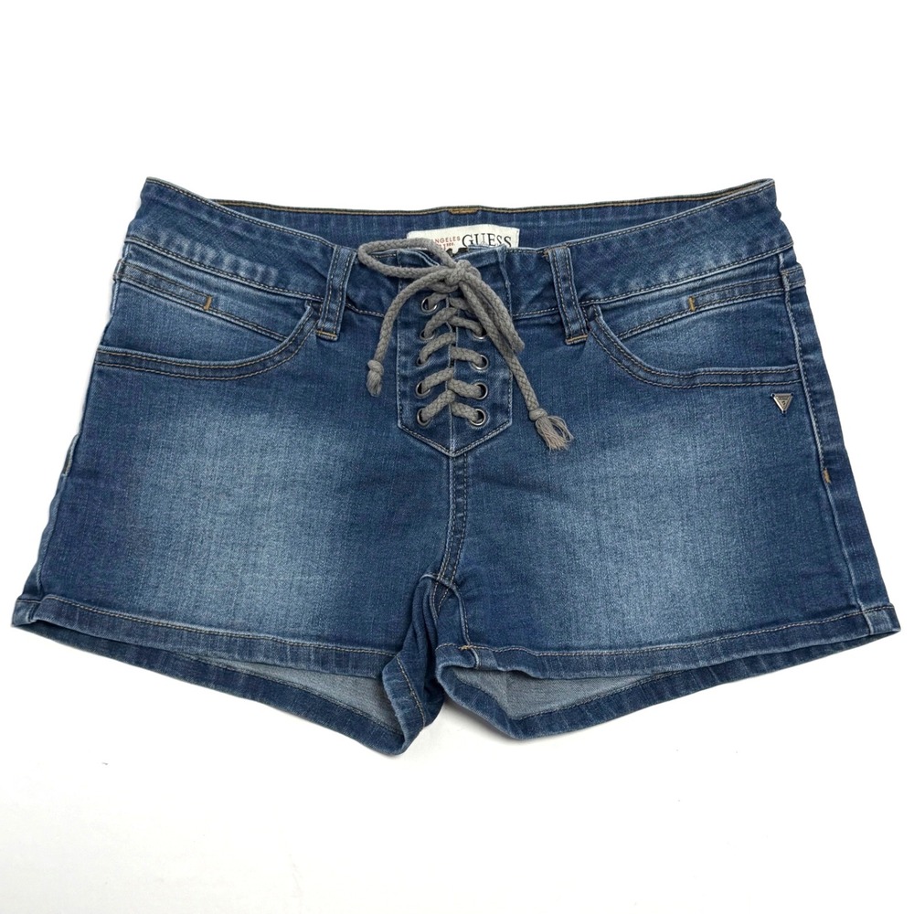 Lace Up Low Rise Jean Shorts Y2K 70s Style Guess Stretch Denim S Boho Festival